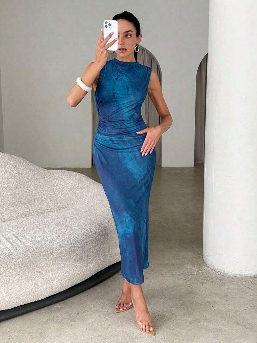 Vestido midi de Body con estampado abstracto rojo sin mangas, adecuado para el verano - Negro - Ver 1