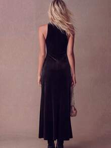 Nuevo vestido ajustado de terciopelo liso con abertura alta que adelgaza - Negro - Ver 2