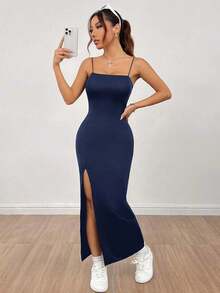 Vestido largo negro de mujer con correa de abertura alta y unicolor - Azul marino - Ver 8