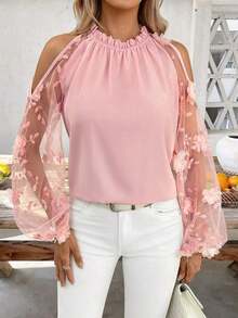 Blusa casual de verano para mujer con mangas de linterna, hombros descubiertos y cuello en unicolor - Rosa - Ver 4