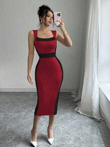 Petite Vestido ajustado de tubo elegante de contraste de color para el trayecto al trabajo de las mujeres - Rojo - Ver 3