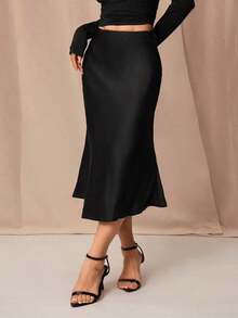 Falda de unicolor negro de cintura alta con textura de satén, adecuada para baile y uso diario - Negro - Ver 9