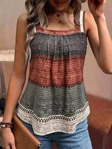 Camiseta sin mangas de mujer con bloques de color y rayas, estilo casual para vacaciones - Multicolor - Ver 4