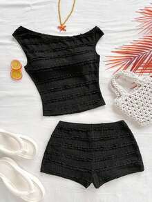 Conjunto de 2 piezas para vacaciones primavera/verano de mujer: Top corto asimétrico de hombro de punto a rayas rojas y blancas y shorts ajustados de tiro súper bajo, adecuado para fiesta, Navidad, San Valentín, cita, playa, crucero, carnaval, Pasc - Negro - Ver 1