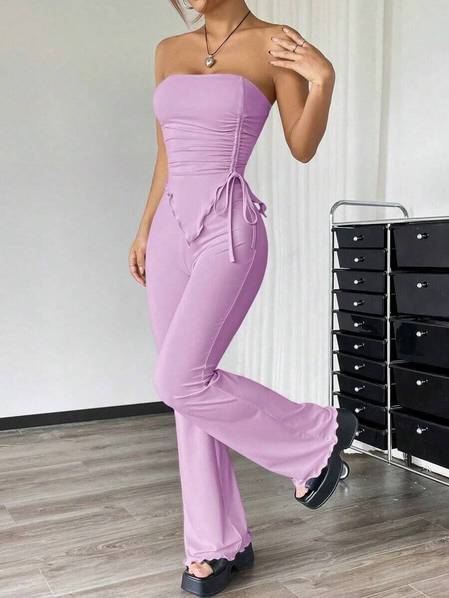 Conjunto de dos piezas con top asimétrico bandeau fruncido de unicolor y pantalones acampanados para mujer - Lila Púrpura - Ver 1
