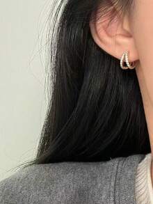 1 Pair Exquisite Earrings - Perfect Fusion Of Fashion And Elegance, Double-Layer Design, Double Row Rhinestone Earrings, Suitable For Young Ladies And Students, Copper Micro-Inlaid Jewelry - Silver Double-row Diamond Earrings - View 4