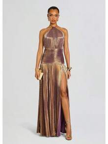 Metallic Pleated Halter Maxi Dress, Ruched Waist With Front Slit, Elegant Evening Gown For Prom & Weddings - Purple-gold - View 5