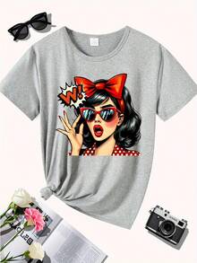 Vintage Character Print T-Shirt, Casual Short-Sleeved Top With Round Neck, Ideal For Spring And Summer, Comfortable And Breathable, Suitable For All Seasons, Women's Clothing - 黑色 - 查看 8