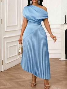 Lady Vestido elegante de mujer con estampado de teñido anudado y cuello asimétrico - Azul - Ver 4