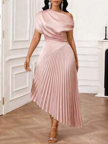 Lady Elegant Women's Dress With Tie-Dye Print And Asymmetrical Neckline - 酒紅色 - 查看 3