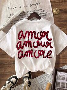 1 Piece Fashion Casual T-Shirt For Men And Women, Round Neck, Short Sleeve, Leopard Print "More Love", Autumn Clothes, Versatile For Back To School Season, Easy To Match, Daily Wear, Urban Style, Vacation Outfit, Weekend Outfit. - 白色 3 - 查看 2