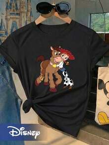 T-shirt à manches courtes pour femmes Disney avec motif classique de la cowgirl Jessie de jouet Story, cœur et cheval. Design vintage Disney avec col rond, idéal pour les sorties en famille. - Noir - Voir 1
