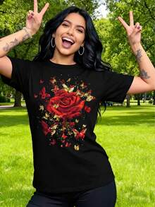 Estampado "Retro Rose Butterfly" - Cuello Redondo, Manga Corta, Tela, Largo Regular - Camiseta para Todas las Temporadas Camiseta de Algodón Ropa Casual - Negro - Ver 8