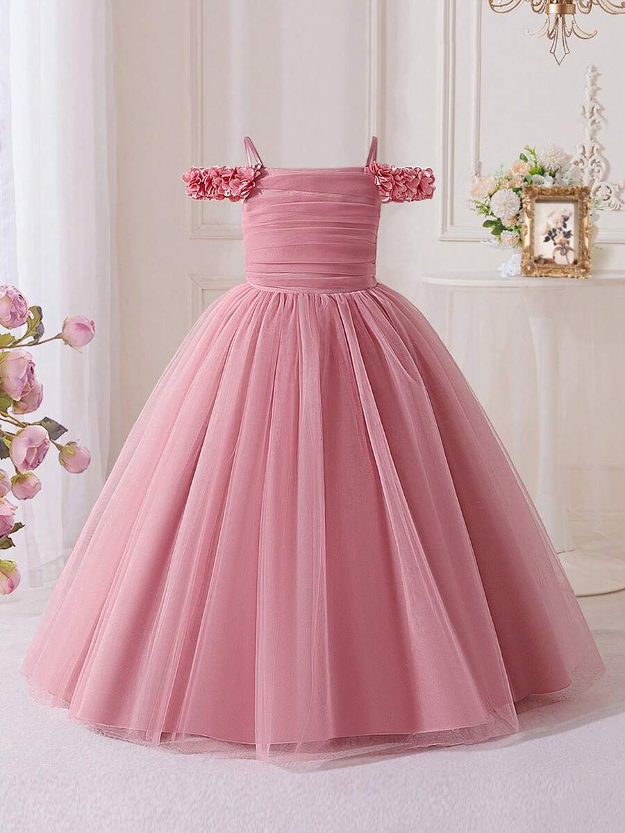 Đầm dài dự tiệc sinh nhật thanh lịch màu trơn cho bé gái tuổi teen, kiểu dáng hai dây, chất liệu ren lưới, thích hợp làm phù dâu trong đám cưới, tiệc tối, không kèm băng đô.