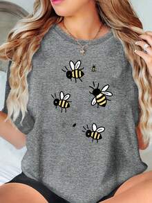 Bee Print T-Shirt - Soft, Breathable, Comfortable Polyester Blend, Short Sleeve, Casual Summer Sportswear, Easy Care, Quick-Drying, Suitable For Outdoor Activities And Casual Wear, Casual Style, EVERYONE. A Very Distinctive Printed T-Shirt / Unisex Style / Suitable For Both Men And Women / Wrinkle-Resistant / Breathable - 黑色 - 查看 8