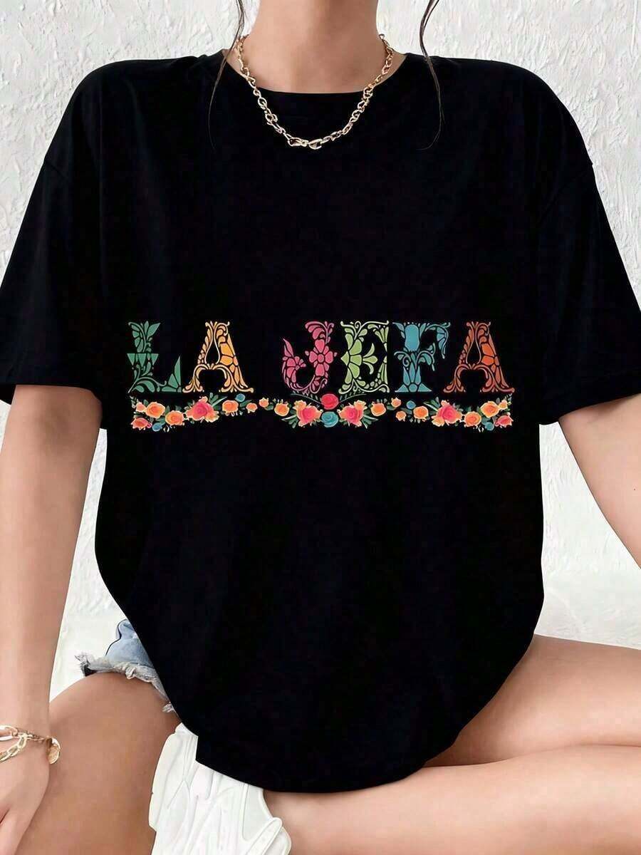 LooseLA Women's Oversized White T-Shirt With Embroidered Style, Boho Chic Graphic Tee With Colorful Floral Design, Casual Urban Top For Everyday Wear, Latin-Inspired Fashion Shirt, Unisex Casual T-Shirts, Basic Cotton Crew Neck T-Shirt For Women - 黑色 - 查看 1