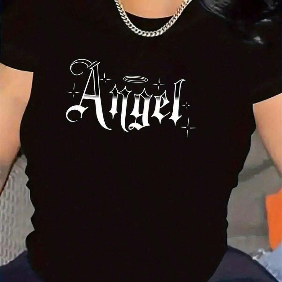 Women's Sets Women's Polyester Short Sleeve T-Shirt, Angel Print Color, Ideal For Casual Wear At Home Or In A Restaurant, Durable And Comfortable Fabric, Stylish Design For Everyday Wear, Plus Size Women's Fashion Print Short Sleeve T-Shirt, Casual Round Neck, Loose Fit, Soft And Comfortable, Summer Everyday T-Shirts, Women's T-Shirts - 黑色 - 查看 1