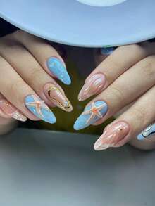 24pcs French Almond Ocean Style Elegant 3D Starfish Water Drop Flower Pressed Nail Art, Pearl And Rhinestone Inlaid Design, Full Coverage Fake Nail Stickers, Add Romantic Atmosphere, Pressed Nail Art, Make You Look Sweet And Perfect, Suitable For Daily Dating - Multicolor - View 2