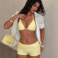 Conjunto de bikini de dos piezas de color sólido con cuello halter y shorts anti-exposición para vacaciones. - Negro - Ver 3
