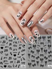 2 pièces Ensemble d'autocollants pour ongles 5D gaufrés - Notes de musique noires et nœud papillon rétro, style doux et épicé, décoration d'ongles DIY convenant pour les festivals de musique, les fêtes et le port quotidien - Multicolore - Voir 2