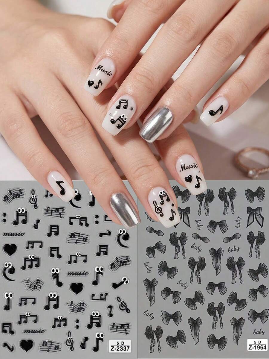 2 pièces Ensemble d'autocollants pour ongles 5D gaufrés - Notes de musique noires et nœud papillon rétro, style doux et épicé, décoration d'ongles DIY convenant pour les festivals de musique, les fêtes et le port quotidien
