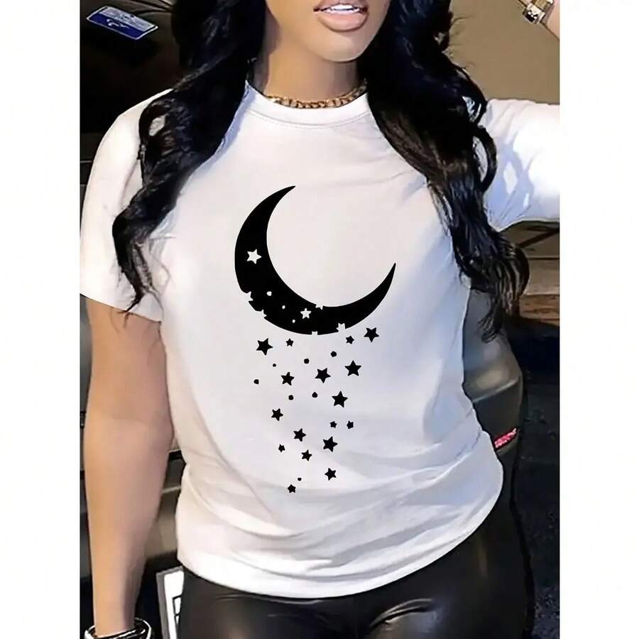 Camiseta de algodón de manga corta para mujer con estampado de luna y estrellas, top casual de verano, suave y transpirable, con cuello redondo, para ropa de calle, descanso, viajes y uso diario. - Blanco - Ver 1