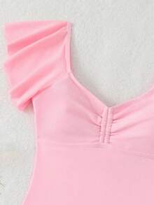 Swim Mod Traje de baño de una pieza sólida con diseño fruncido, ribete de volantes, ideal para la playa en verano - Rosa - Ver 5