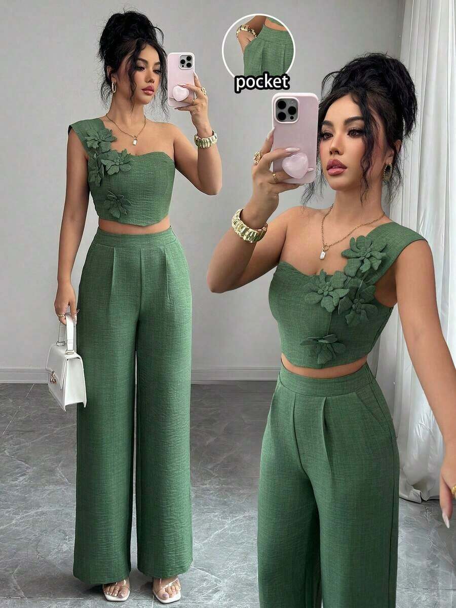 Elegante conjunto de 2 piezas de top sin mangas y pantalones con decoración floral 3D para vacaciones casuales para mujeres - Verde - Ver 1