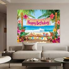 1 pieza Pancarta de fondo de cumpleaños de playa tropical, hecha de material de poliéster, con elementos de palmeras, flores de hibisco y mesas y sillas de playa. Adecuada para fiestas con temática hawaiana o reuniones de cumpleaños de verano, etc. - A - Ver 5