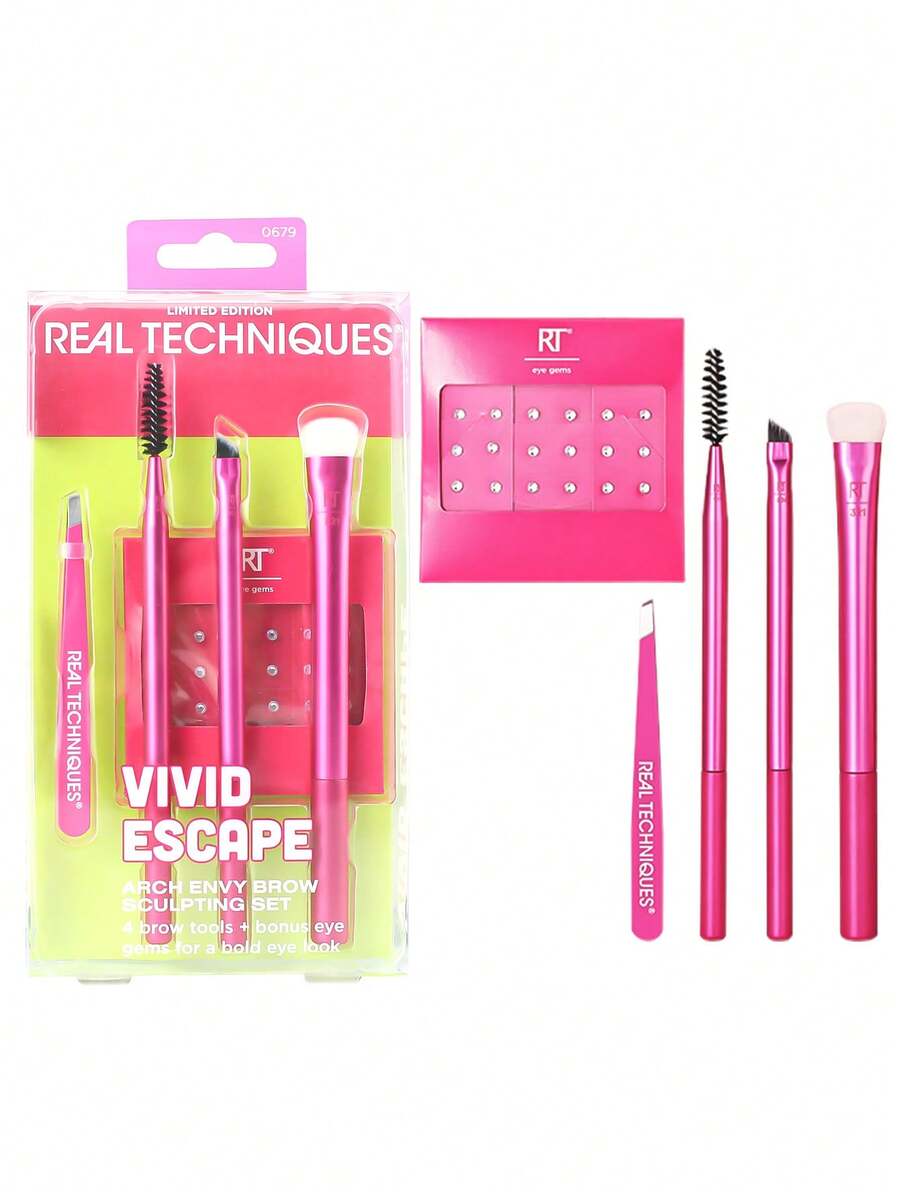 Bộ dụng cụ tạo hình lông mày Real Techniques phiên bản giới hạn Vivid Escape Arch Envy gồm 4 dụng cụ và đá trang trí mắt tặng kèm, tạo nên vẻ ngoài ấn tượng cho đôi mắt. - Màu Hồng Tươi - Xem 1