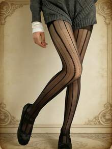1pc Sheer Lace Striped Pantyhose, Elegant Polka Dot Line Pattern, Semi-Transparent Tights - Multicolor - View 4
