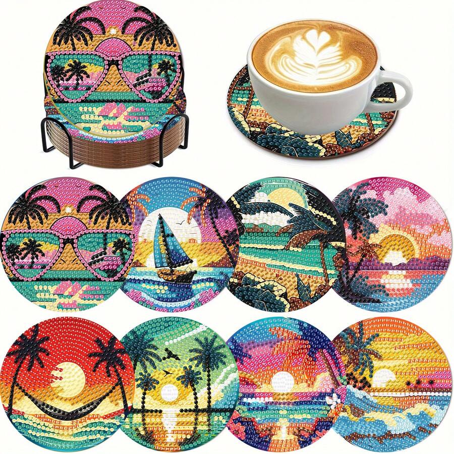 8pcs Diamond Painting Coaster Set, Round Bright Diamond Surface, Sturdy Adhesive With Full Tools, Easy For Beginners, Stress Relief Handcraft, New Year, Valentine's Day, Christmas, Teacher's Day Gift, Home Decor Tabletop Coasters For Family, Friends, Teachers