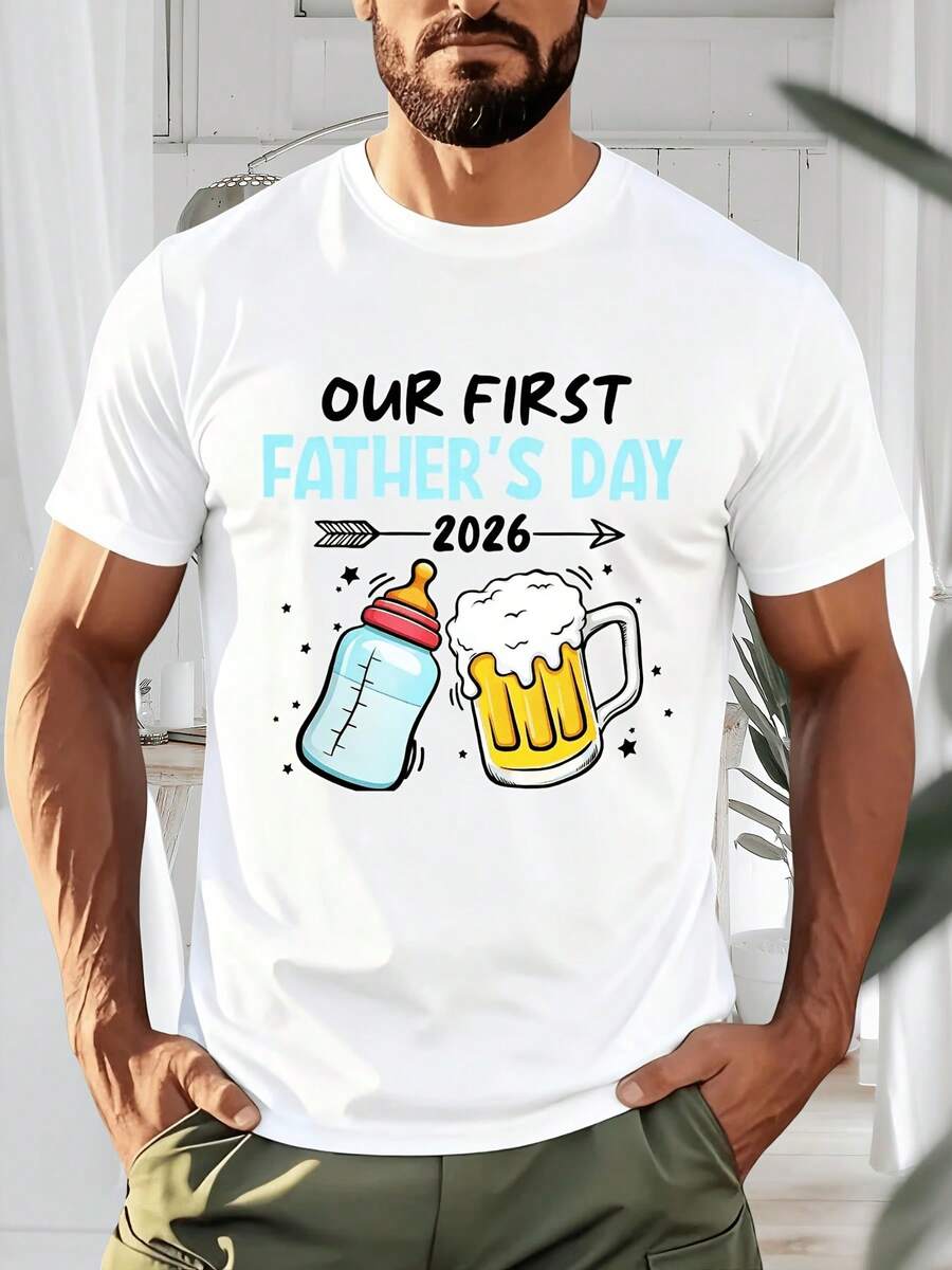 Commemorative T-Shirt For Parents "OUR FIRST FATHER'S DAY" 51.46 Meters With Bottle And Beer Print, Featuring A Striking Design And A Comfortable, Skin-Friendly Fabric. - White - View 1
