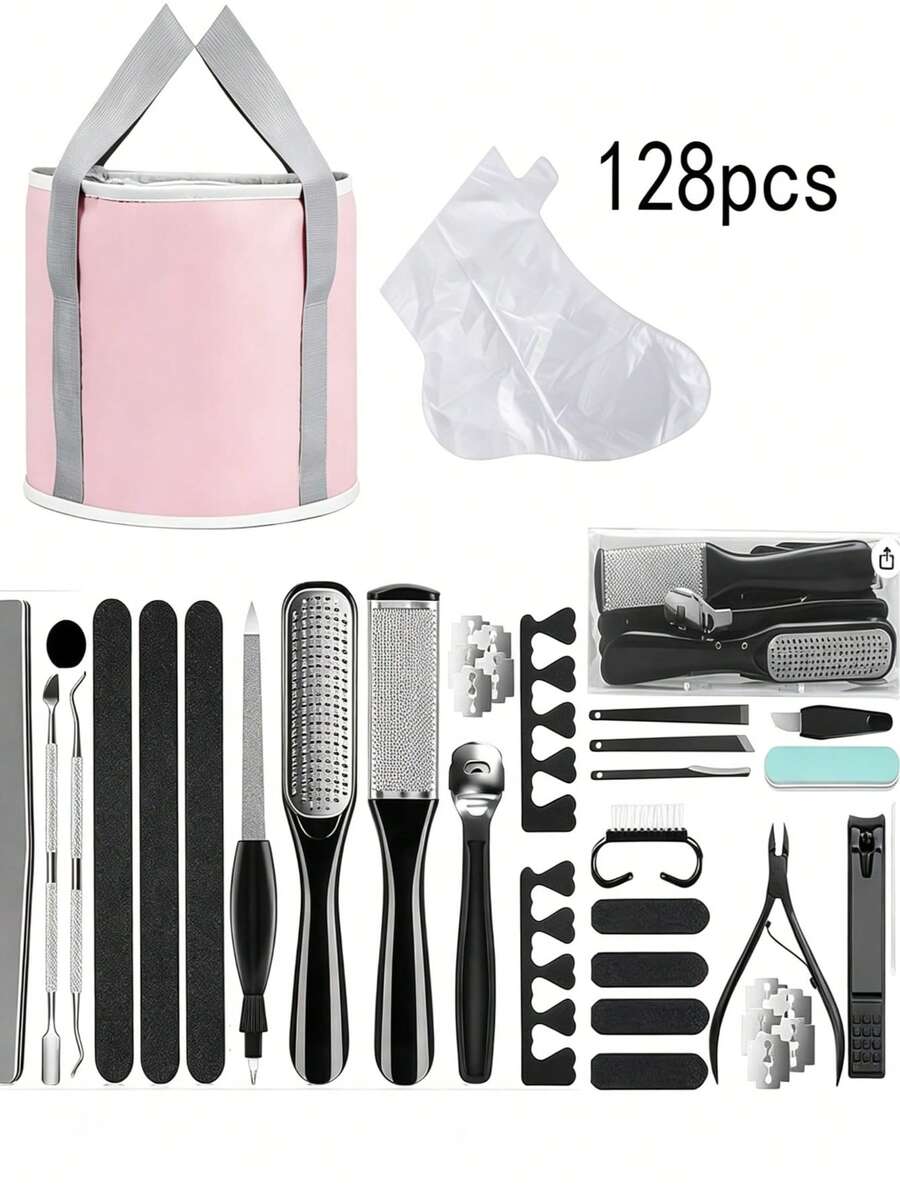 128 Pieces Of Foot Care Tools, 100 Sets Of Disposable Foot Masks + 27 Foot Care Tools + 1 Portable Foldable Travel Foot Bath Bucket, Foot Exfoliation And Care Tools - View 1