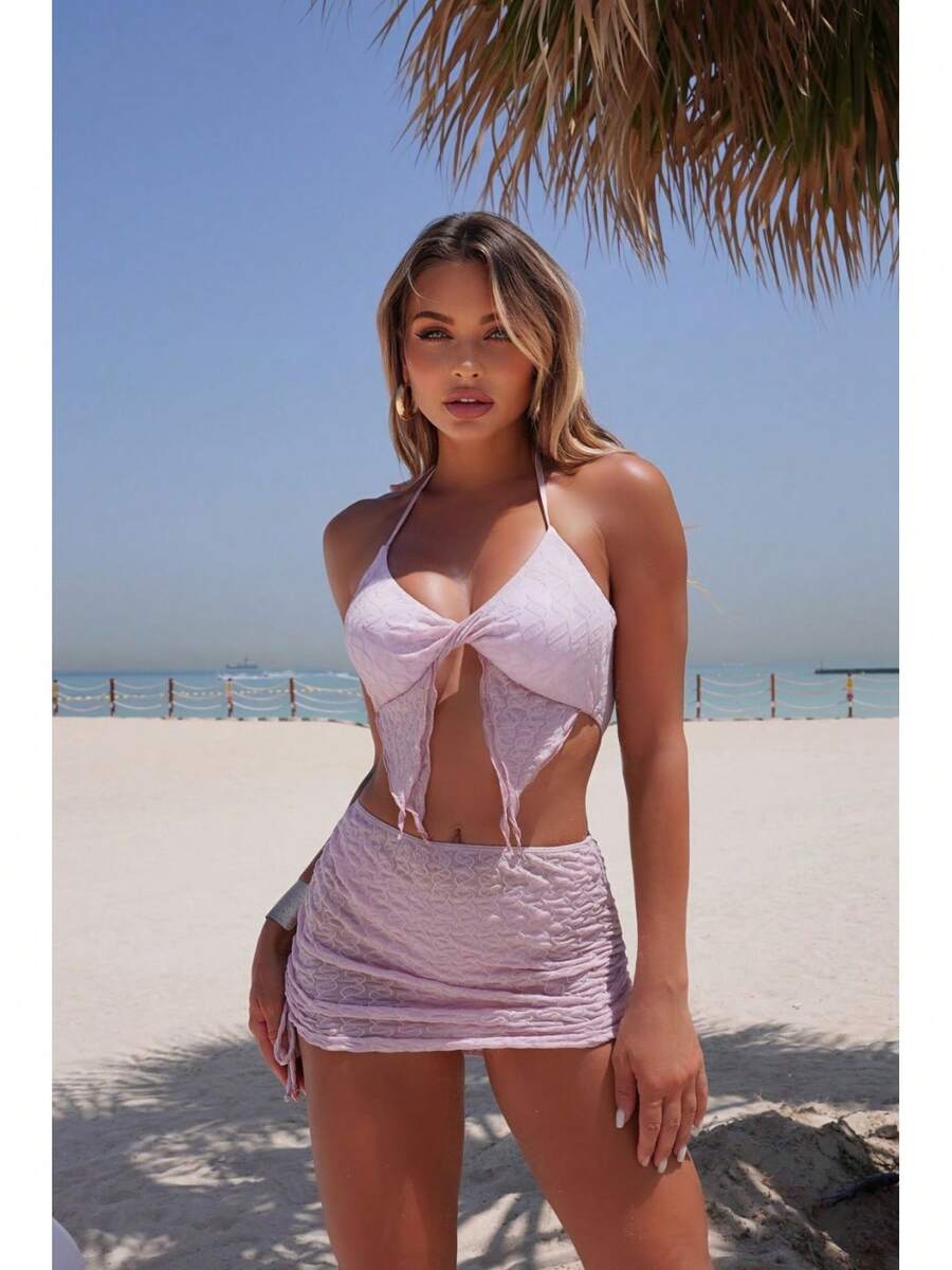 Traje de baño de dos piezas de color sólido, moderno y en stock para mujer, conjunto de bikini de tres piezas. - Conjunto de tres piezas rosa 9328 - Ver 1
