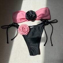 Two-Tone Pink Strapless Bikini With Adjustable Drawstring And Tie Straps Bikini9149 - 桃色 - 查看 1