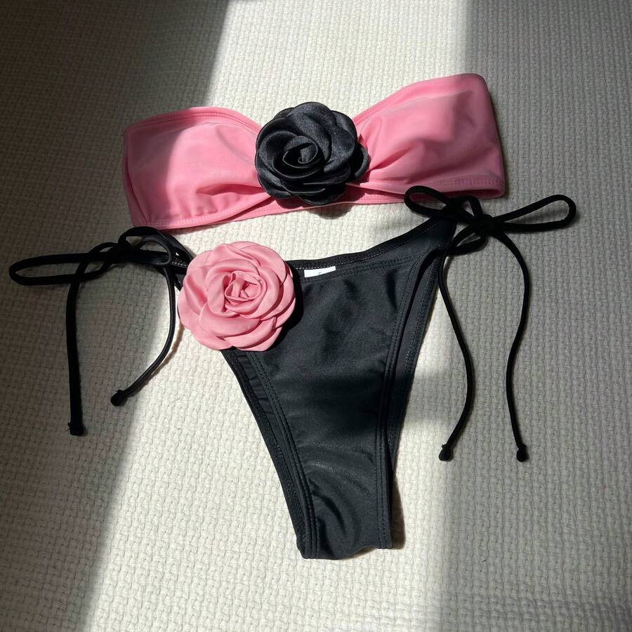 Two-Tone Pink Strapless Bikini With Adjustable Drawstring And Tie Straps Bikini9149 - 桃色 - 查看 1