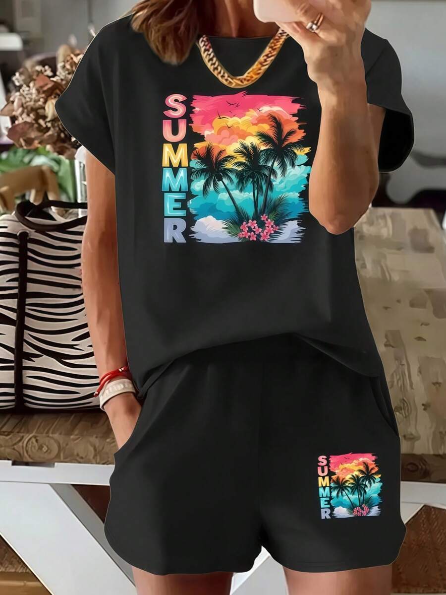 2026 Summer New Style, Colorful SUMMER Text With Coconut Tree Scenery, Casual Printed Round Neck Short Sleeve Top With Elastic Waist Pocket Shorts For Women - 短褲 - 查看 1