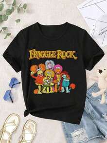 Camiseta Holgada Sencilla Mujer Estilo Moderno, Camiseta de Cuello Redondo con Estampado de Moda para Mujer, Camiseta Vintage Fraggle Rock para Damas, Camiseta Retro con Gráficos Lindos, Adecuada para Uso Diario, Escolar, de Playa, Vacaciones y en Casa. Camiseta Mujer Estampado Gráfico  Verano 2026 - Negro - Ver 1