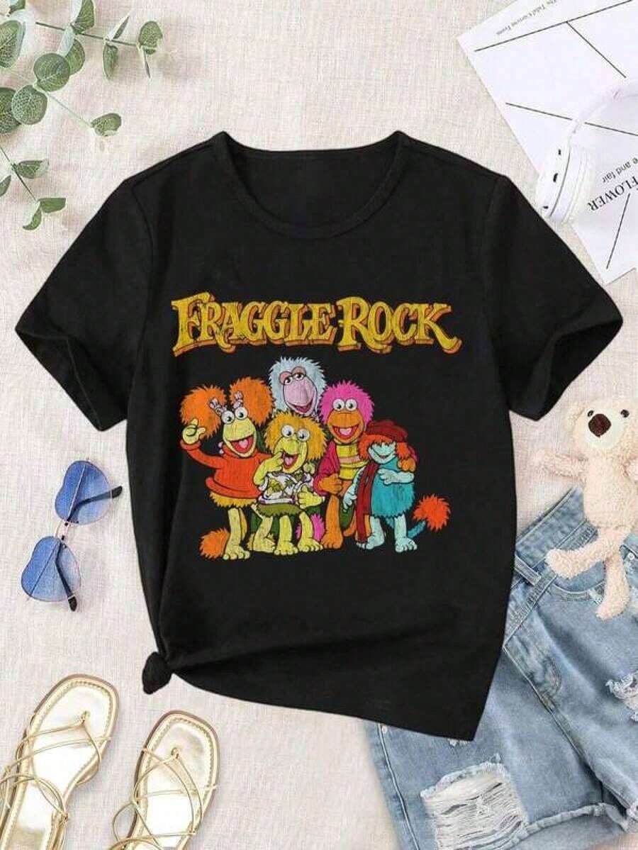 Camiseta Holgada Sencilla Mujer Estilo Moderno, Camiseta de Cuello Redondo con Estampado de Moda para Mujer, Camiseta Vintage Fraggle Rock para Damas, Camiseta Retro con Gráficos Lindos, Adecuada para Uso Diario, Escolar, de Playa, Vacaciones y en Casa. Camiseta Mujer Estampado Gráfico Verano 2026 - Negro - Ver 1
