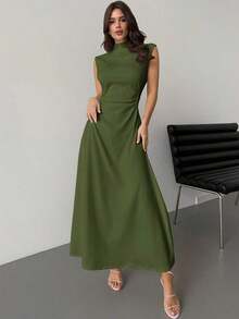 Vestido maxi de línea A con cuello alto, sin mangas, con volantes, elegante y romántico, color blanco, adecuado para citas, uso diario y el trabajo - Verde militar - Ver 7