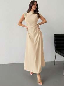 Vestido largo en línea A con cuello de pie, sin mangas y fruncido, color blanco, nuevo para el Día de San Valentín, elegante y romántico para citas y trabajo - Caqui - Ver 2