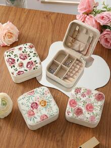 Vintage Print PU Leather Mini Jewelry Storage Box (10x10x5cm) - Portable Travel Jewelry Box, Multi-Compartment Interior Design With Ring Roll, Earring Slots And Necklace Hooks, Velvet Lining Zipper Closure, Lightweight, Ideal Gift For Sisters, Mothers, Teachers, Bridesmaids - Retro Print - View 6