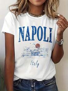 1 camiseta estampada estilo ciudadana de Nápoles, italiana, de manga corta, cuello redondo, informal, ropa de mujer para primavera/verano, 180g 100% algodón. - Blanco - Ver 7