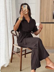 Conjunto de 2 piezas de camisa y pantalones de unicolor con cordón en la cintura, estilo casual de verano - Marrón - Ver 6