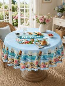 1 Piece Of Summer Beach Starfish Shell Patterned Tablecloth, Polyester Tablecloth With Fan-Shaped Edges, Suitable For Terraces, Kitchenware, Beach Parties, Wedding Decorations, Swimming Pool Parties, Tropical Home Decor, With A Nautical Theme Wallpaper. - Multicolor - View 4