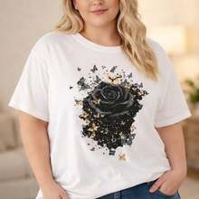 Casual Women's Cotton T-Shirt, , Rose & Gold Butterfly Print, Casual Short Sleeve Round Neck Top, Loose Fit, Soft Breathable Tee, Daily Wear, Fashionable Graphic Design, Comfortable ClothingFashion - 白色 - 查看 8