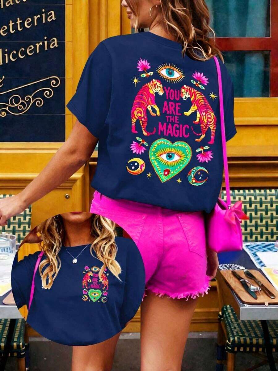 DrmWander Camiseta gráfica para mujer, camiseta de manga corta de estilo casual y urbano, top de verano lindo - Azul marino - Ver 1
