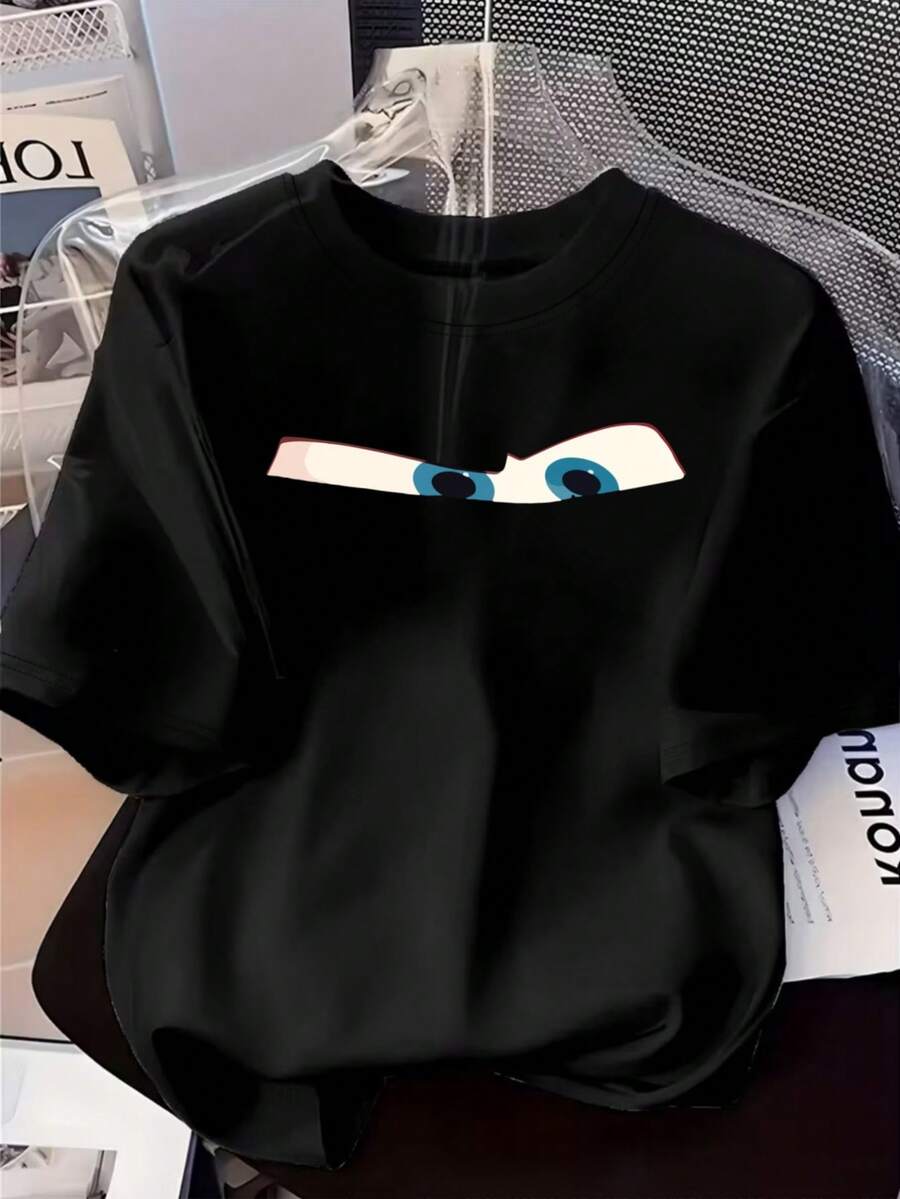 Plus Size Women Casual T-Shirt With Cartoon Eye Print, Suitable For Spring, Summer, Autumn And Winter Black - Black - View 1