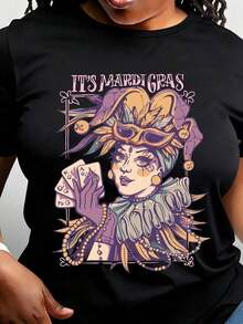 Camiseta de Mujer con Diseño de Mujer con Máscara y Cartas de Mardi Gras, Arte Festivo Vibrante Celebrando el Espíritu del Carnaval, Estampado Gráfico Colorido para la Temporada de Fiestas, Camiseta para el Martes Grueso, Regalos de Mardi Gras, Camiseta para Fiesta de Carnaval de Mardi Gras - Negro - Ver 1
